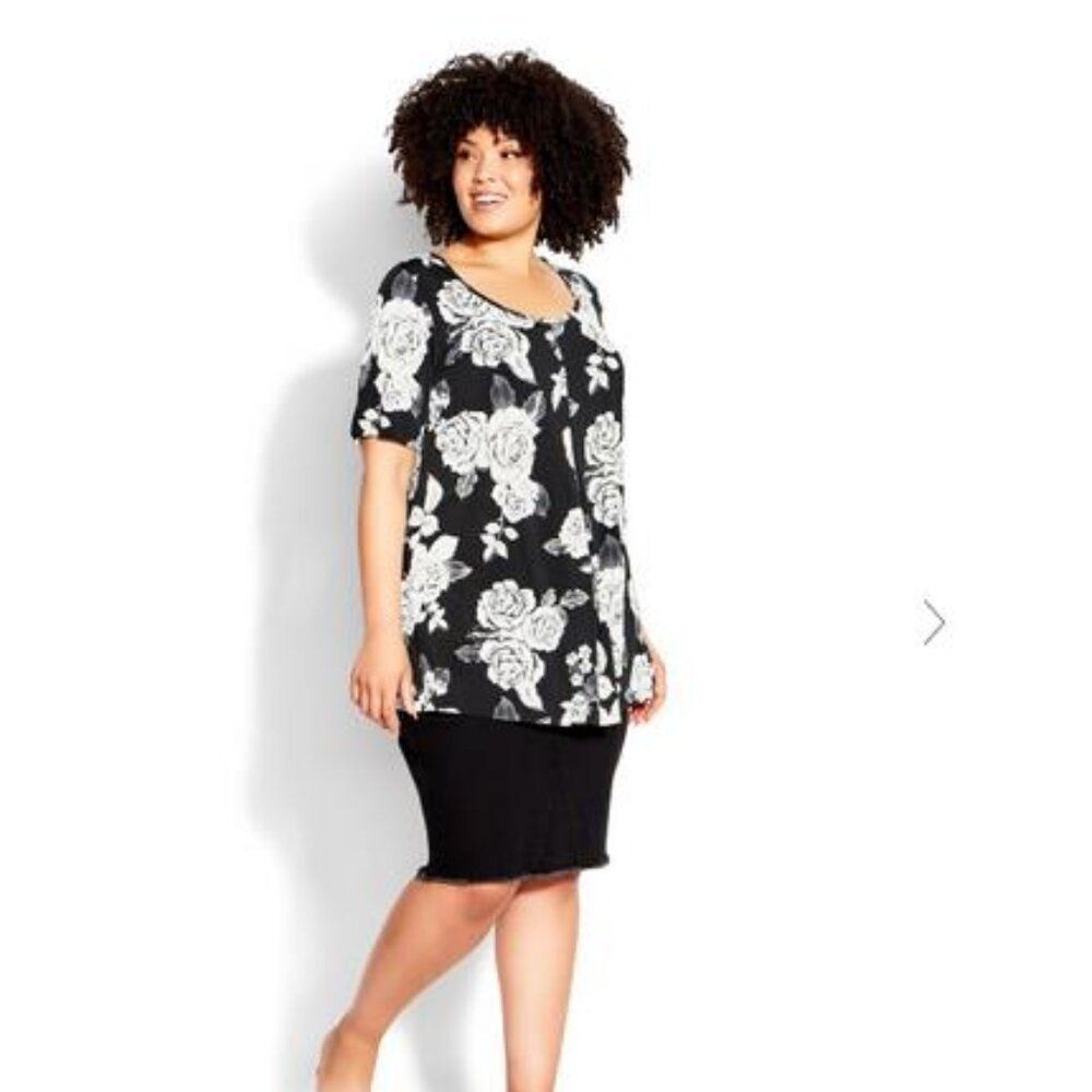 EVANS Women's size 26/28 Luv Pleat Front Tunic Top Black Floral New!